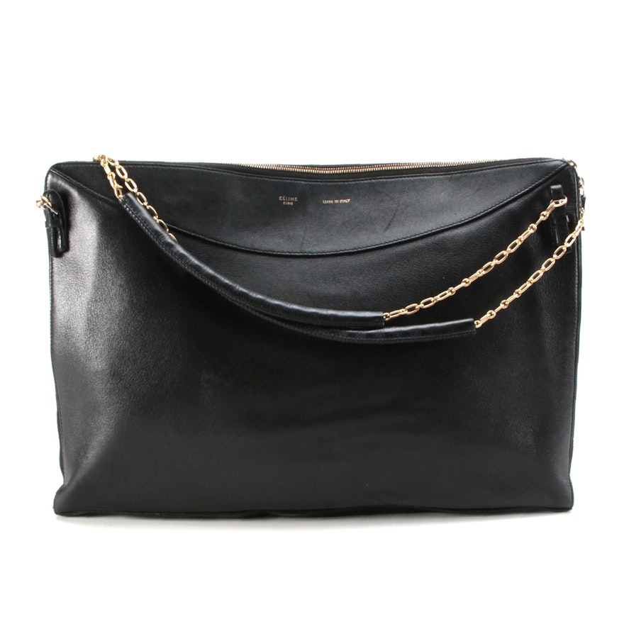 Céline Zip-Around Shoulder Bag in Black Leather with Chain Straps