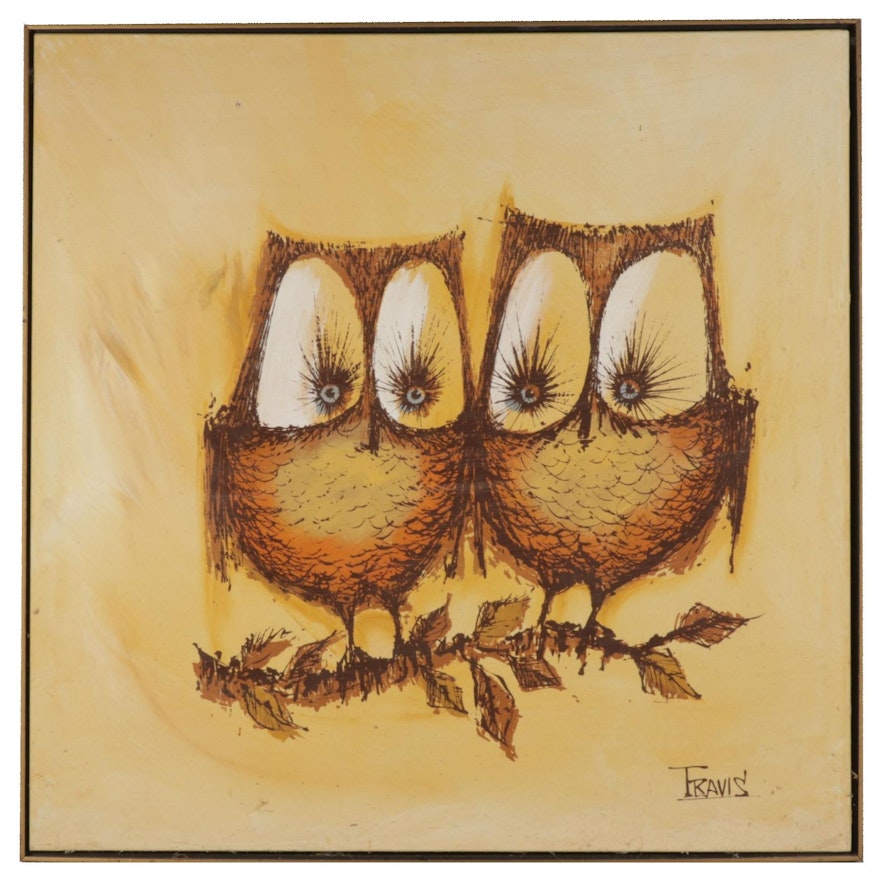 Acrylic Painting of Owls "Just Friends," 1970