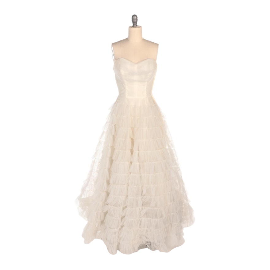 Cotillion Formals Strapless Tiered Ivory Tulle Evening Dress