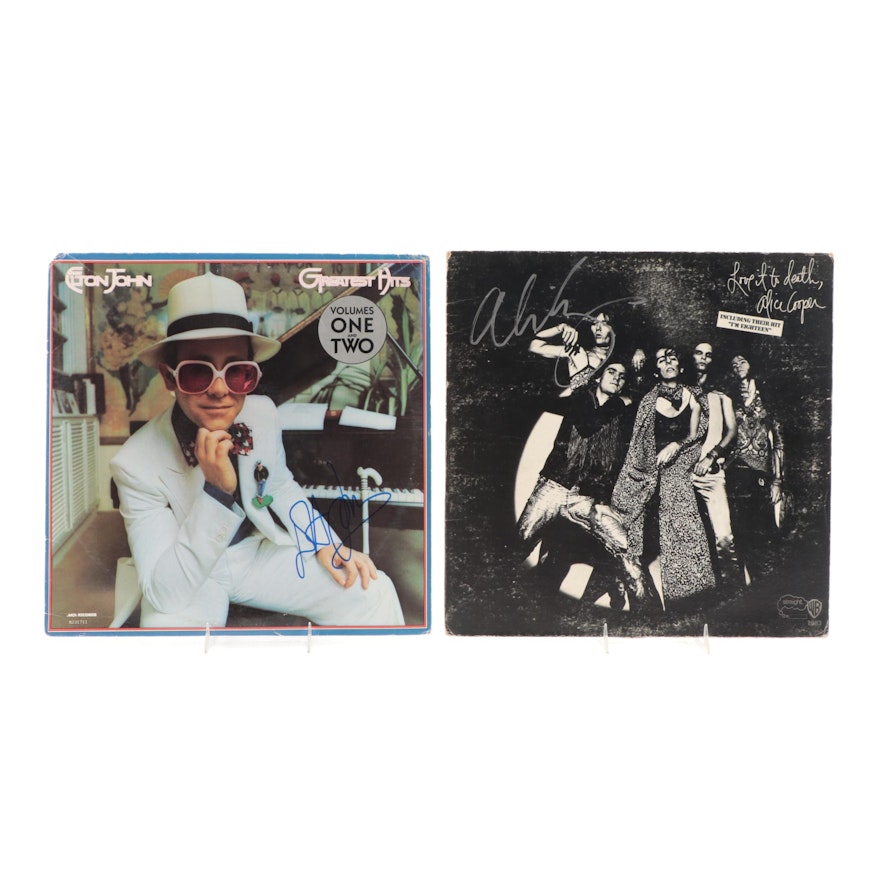 Elton John and Alice Cooper Autographed Vinyl LP Records with COAs & Photos