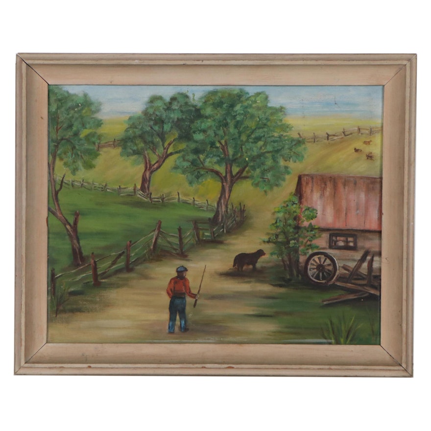 Farmyard Landscape Oil Painting, Mid-20th Century