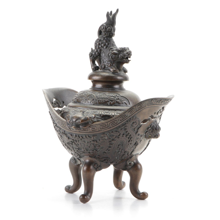 Chinese Footed Cast Bronze Censer with Guardian Lion Finial