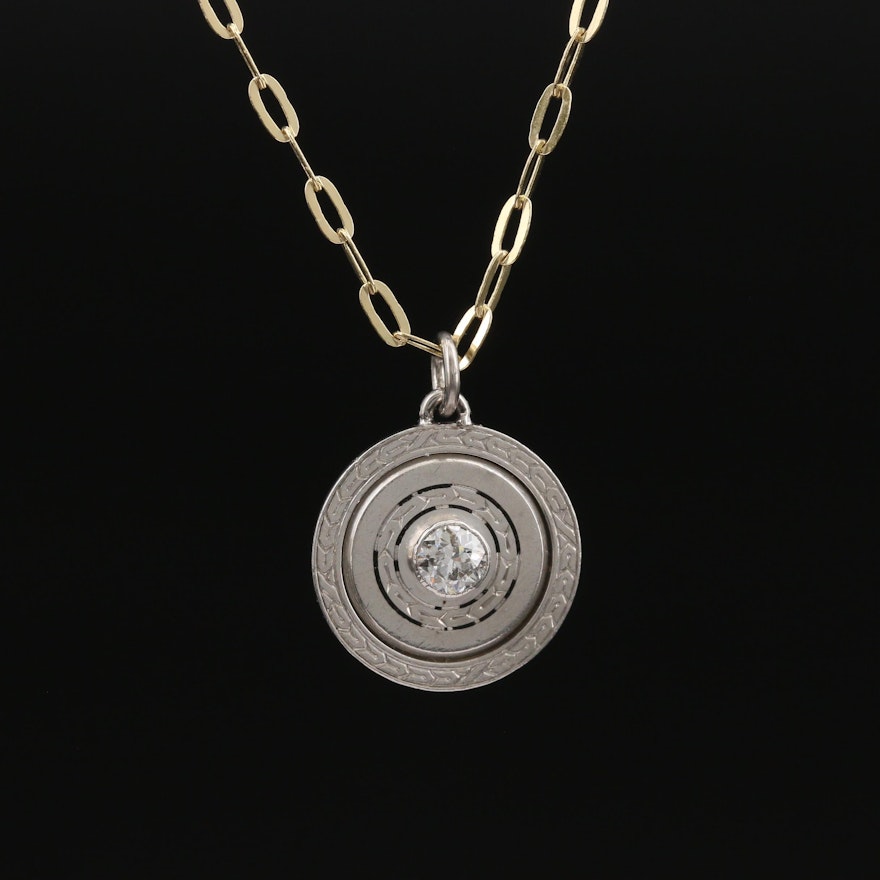 Art Deco Platinum Diamond Pendant on Italian 10K Chain Necklace