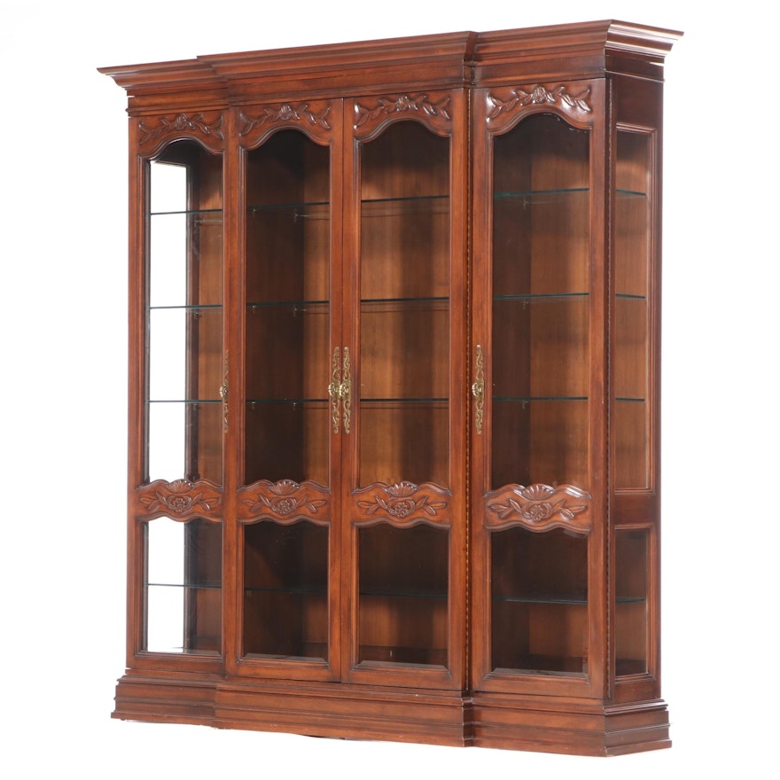 French Provincial Style Pecan-Stained Breakfront Display Cabinet