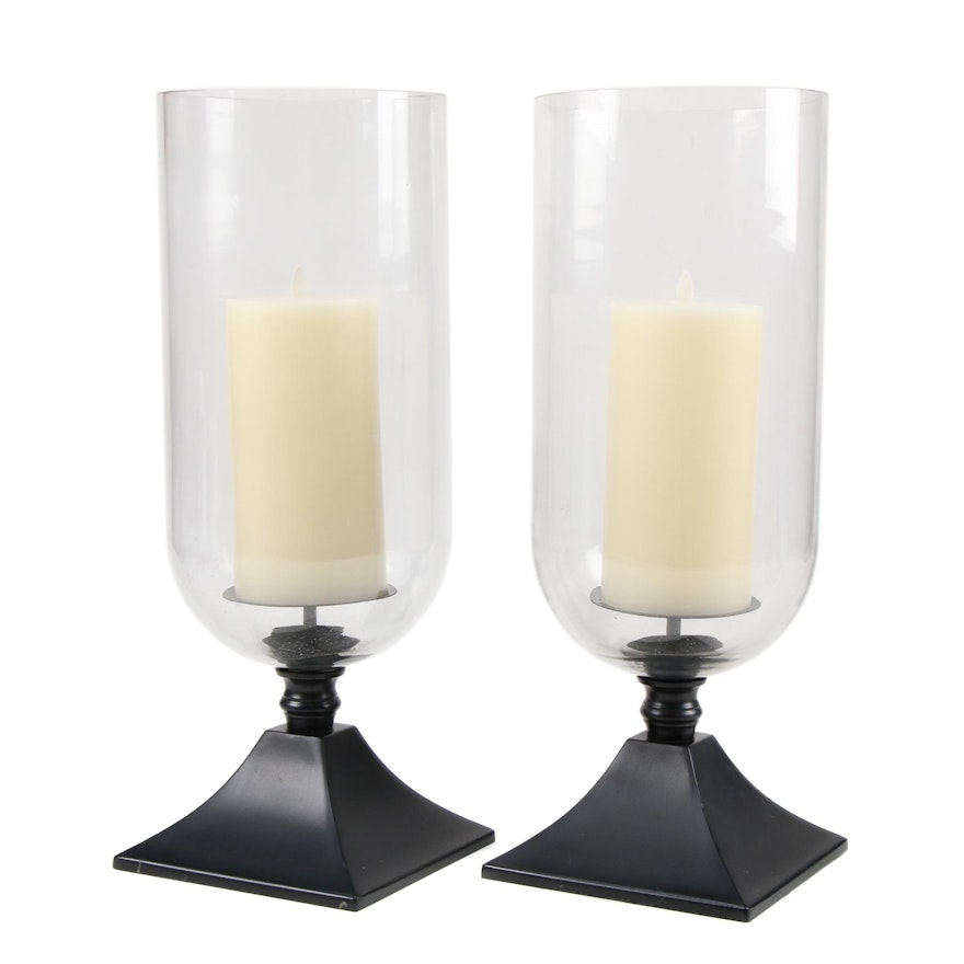 Pottery Barn "Caleb" Patinated Metal and Glass Hurricanes with Faux Candles