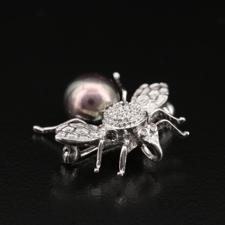 14K Pearl and Diamond Insect Converter Brooch