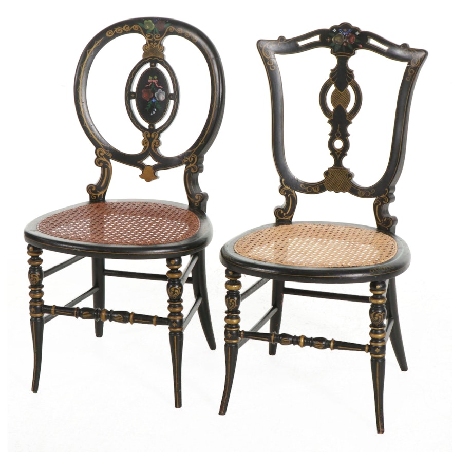 Two Victorian Hand-Painted Tole Ebonized Wood Chairs with Cane Seats