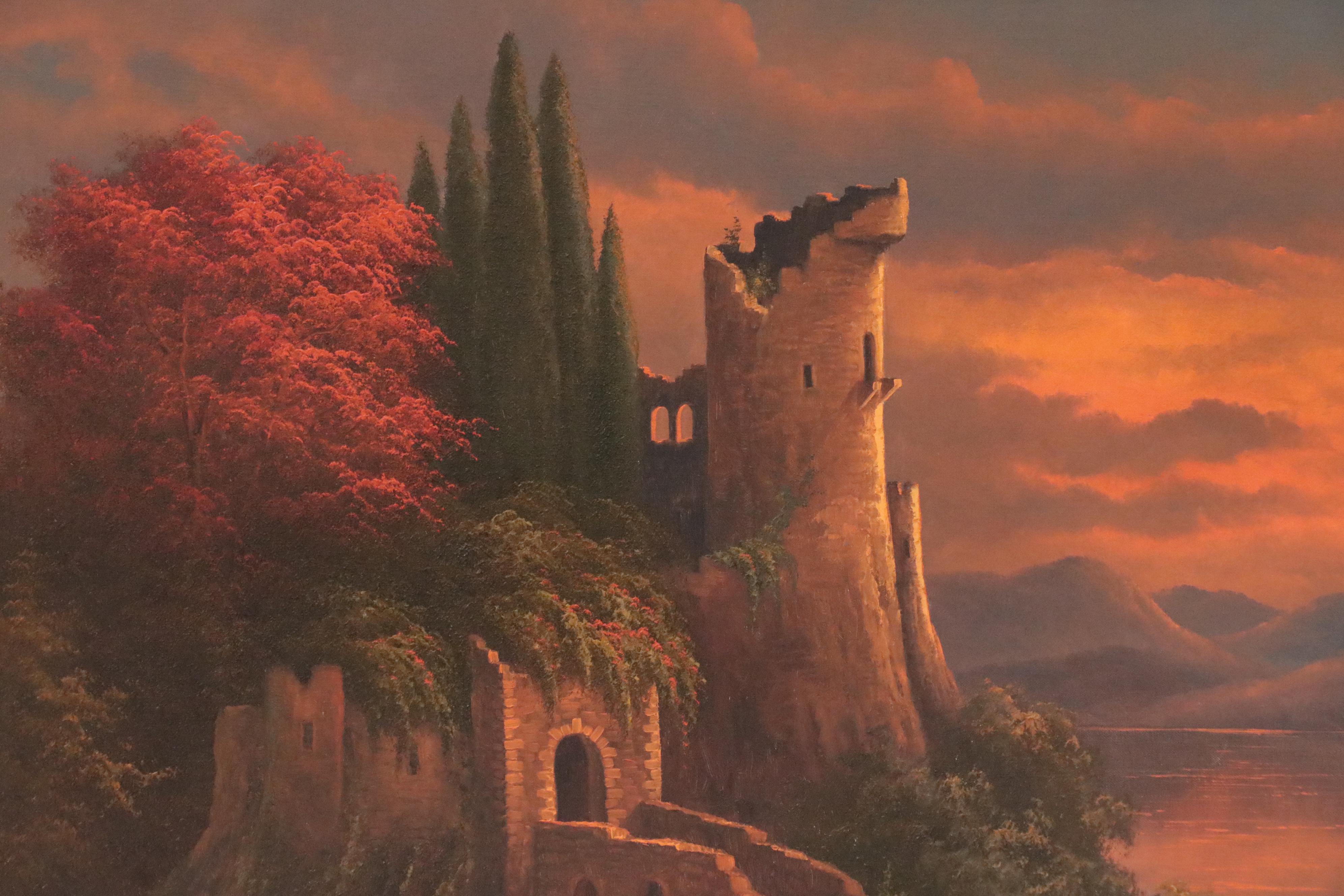 Ludwig Muninger Oil Painting "Old Castle Ruins on the Rhine"