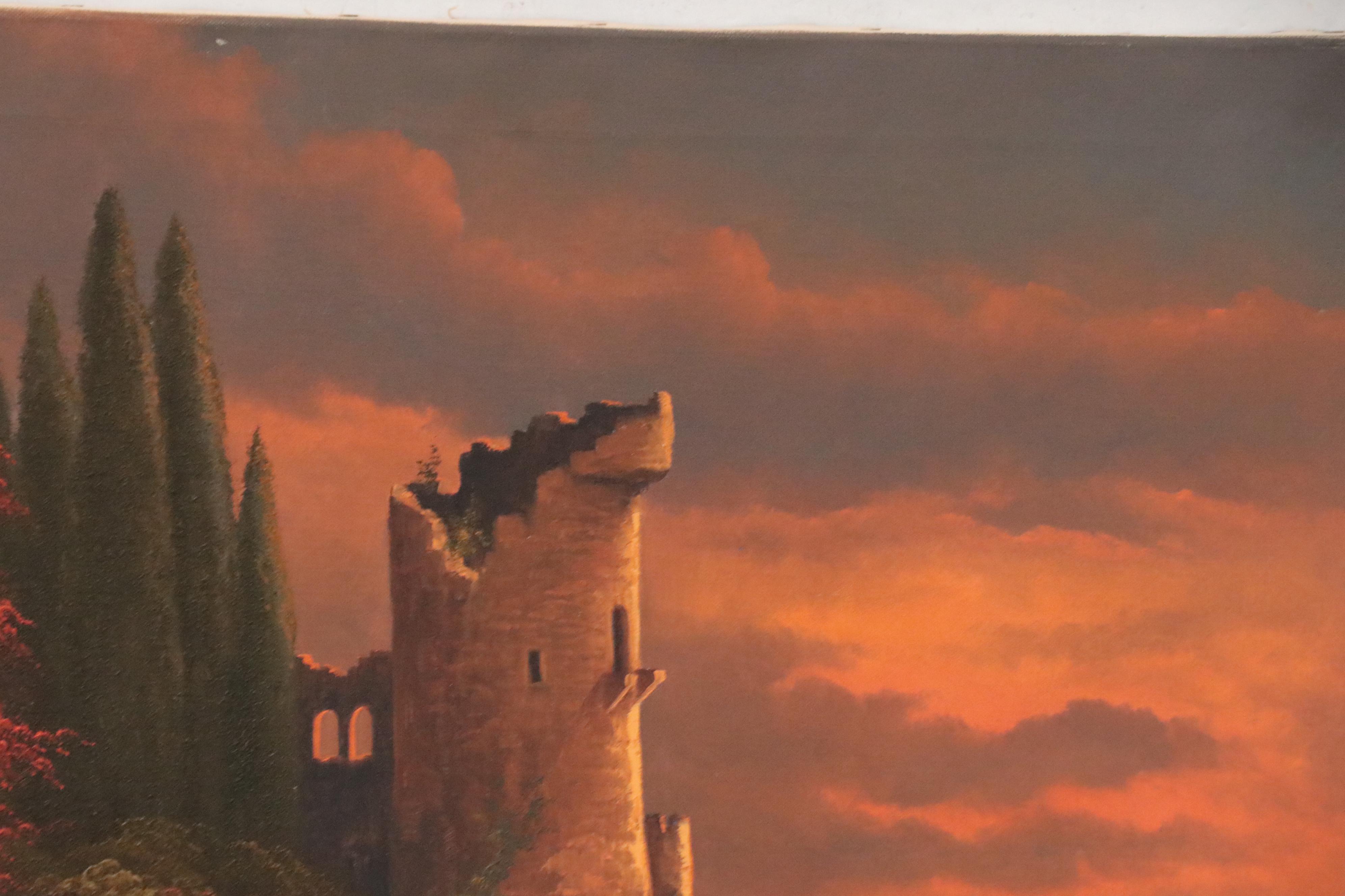 Ludwig Muninger Oil Painting "Old Castle Ruins on the Rhine"