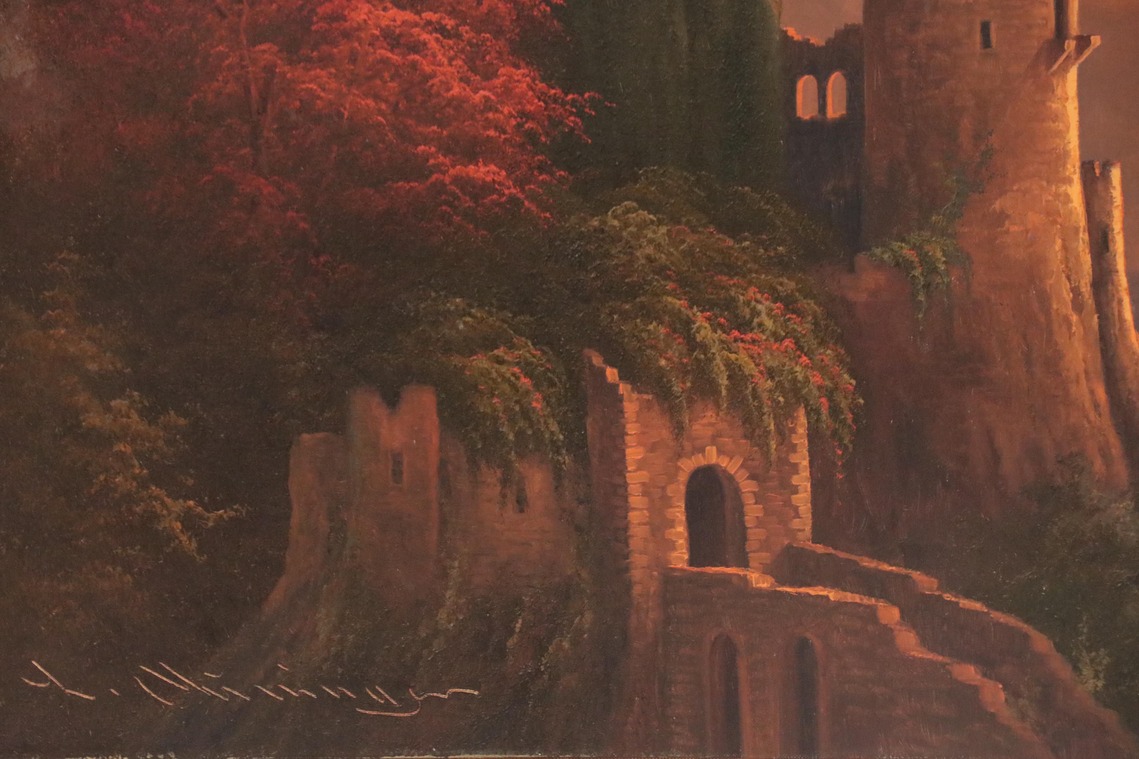 Ludwig Muninger Oil Painting "Old Castle Ruins on the Rhine"