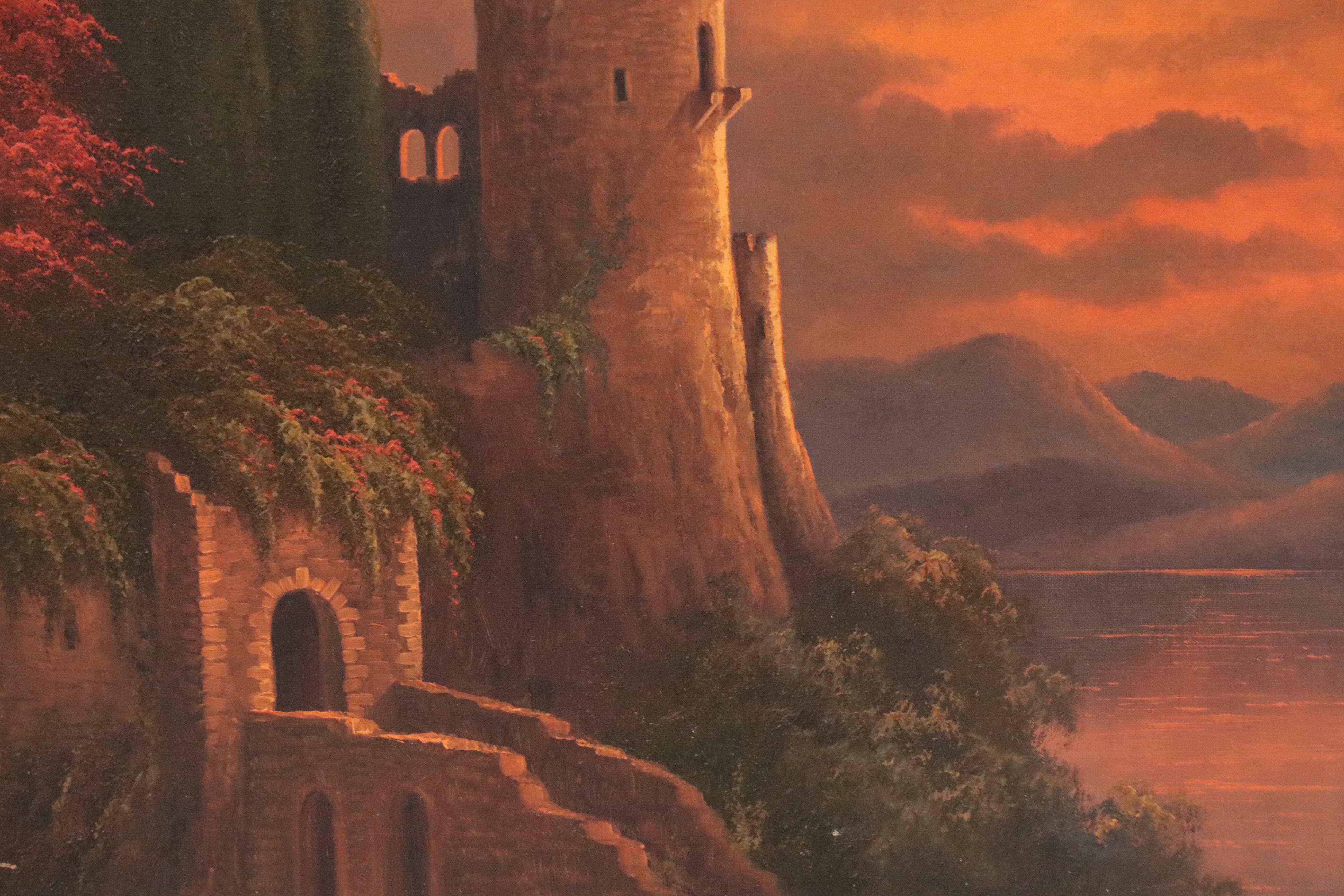 Ludwig Muninger Oil Painting "Old Castle Ruins on the Rhine"