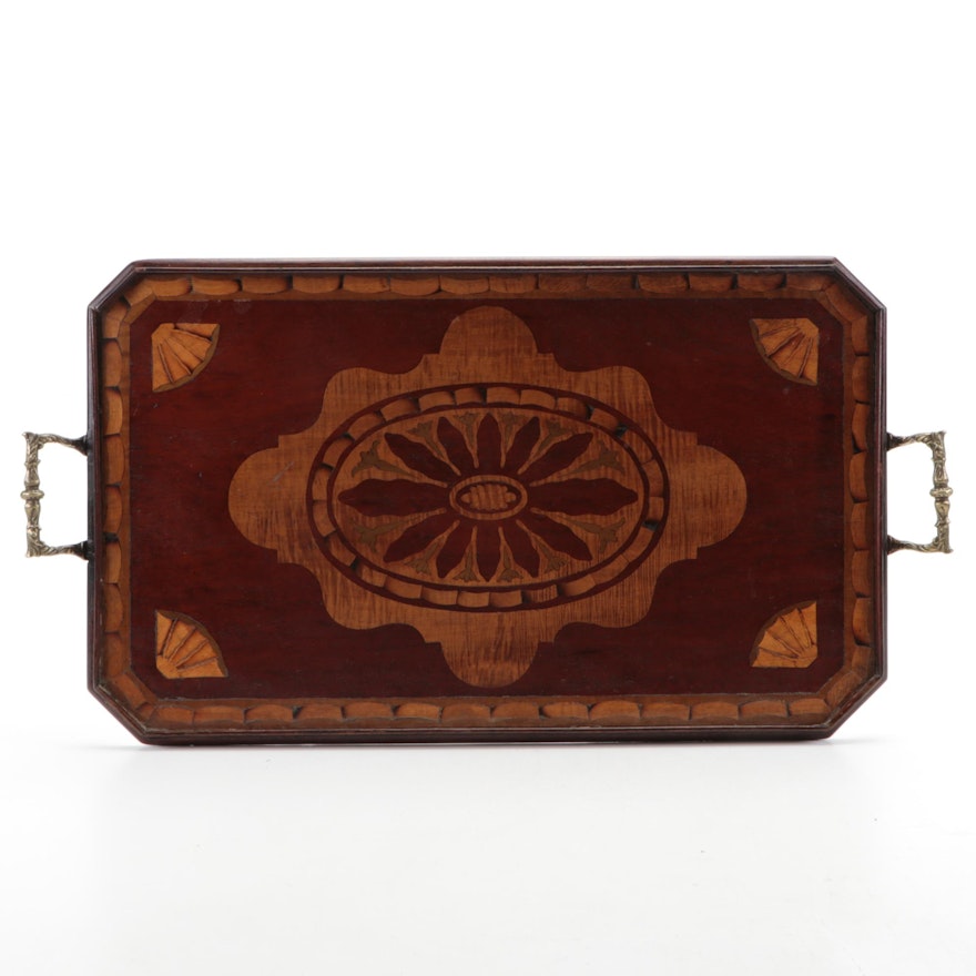 English Mahogany Gallery Tray with Marquetry Inlay, Late 19th Century