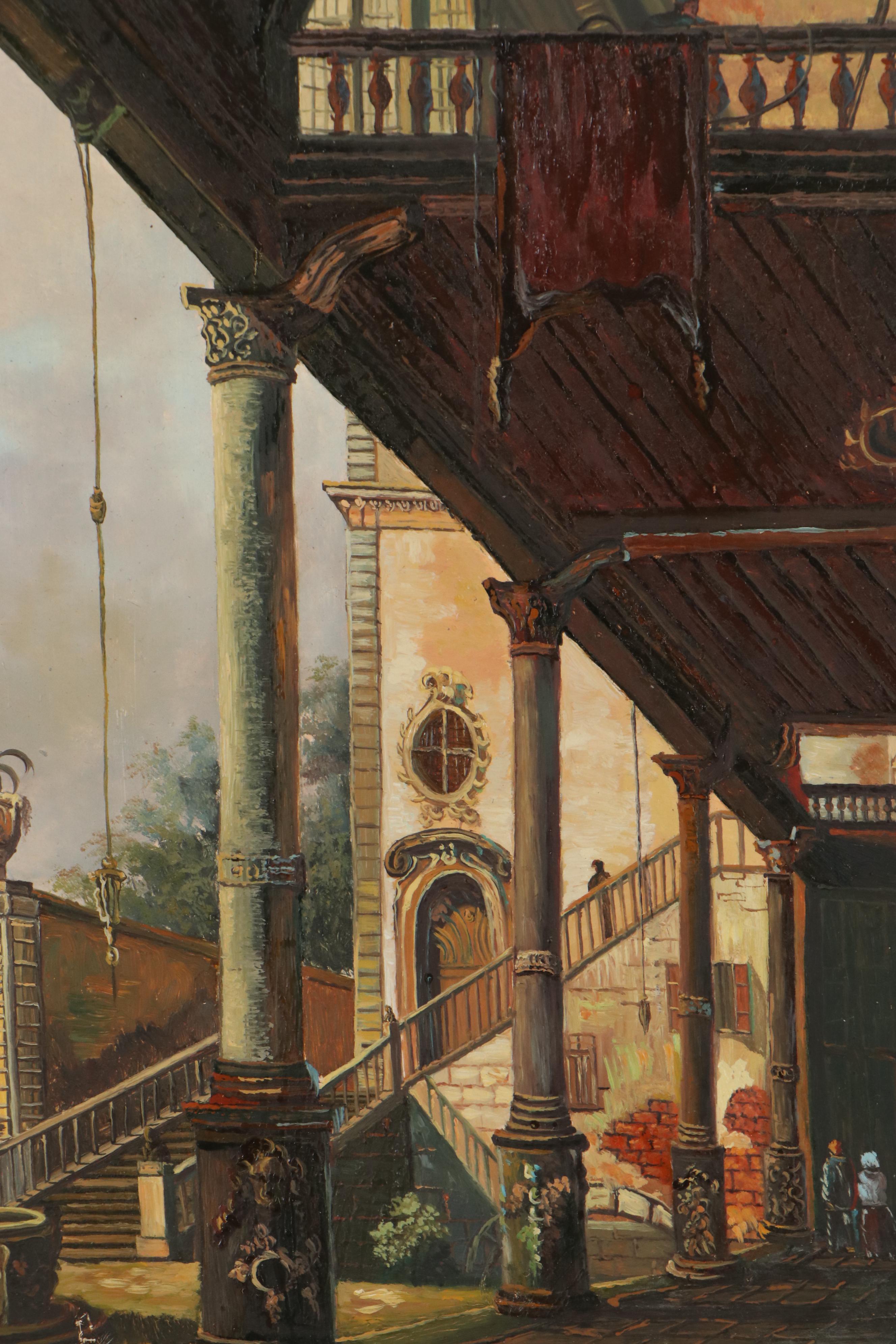 Oil Painting after Canaletto "Capriccio with Colonnade," 20th Century
