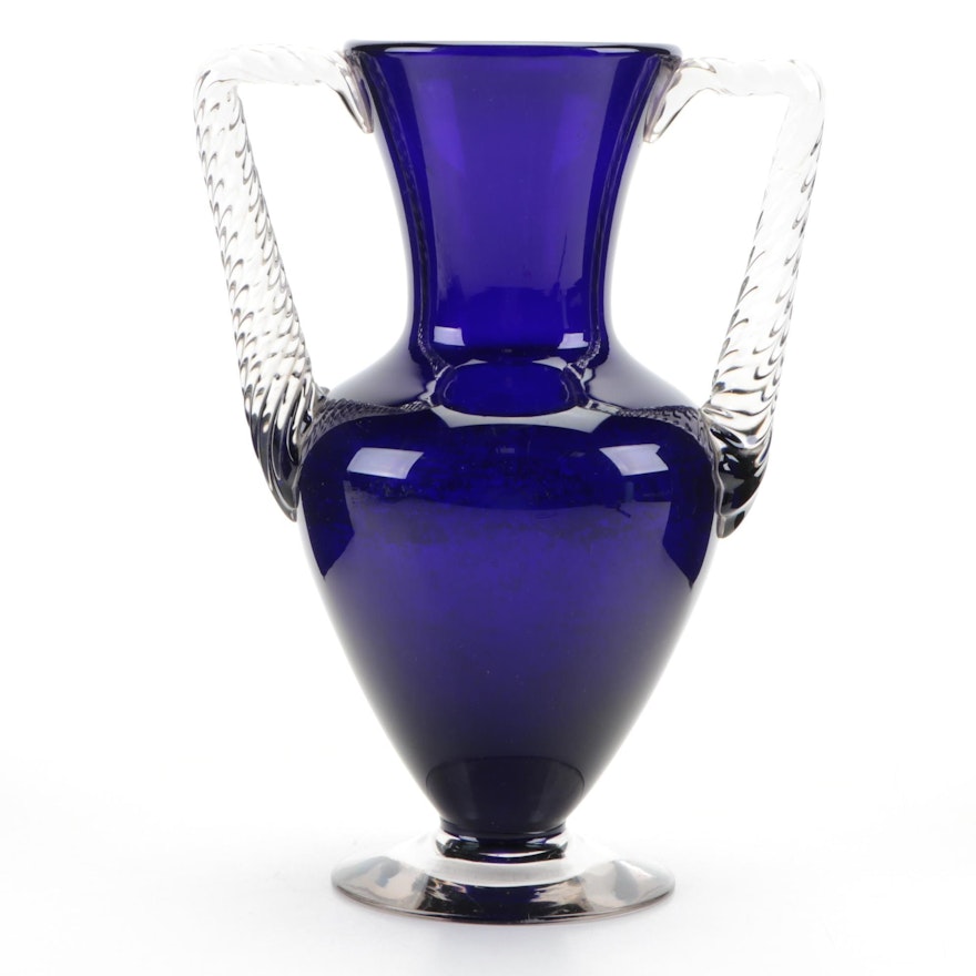 Cobalt and Clear Handblown Art Glass Amphora Vase with Twisted Handles