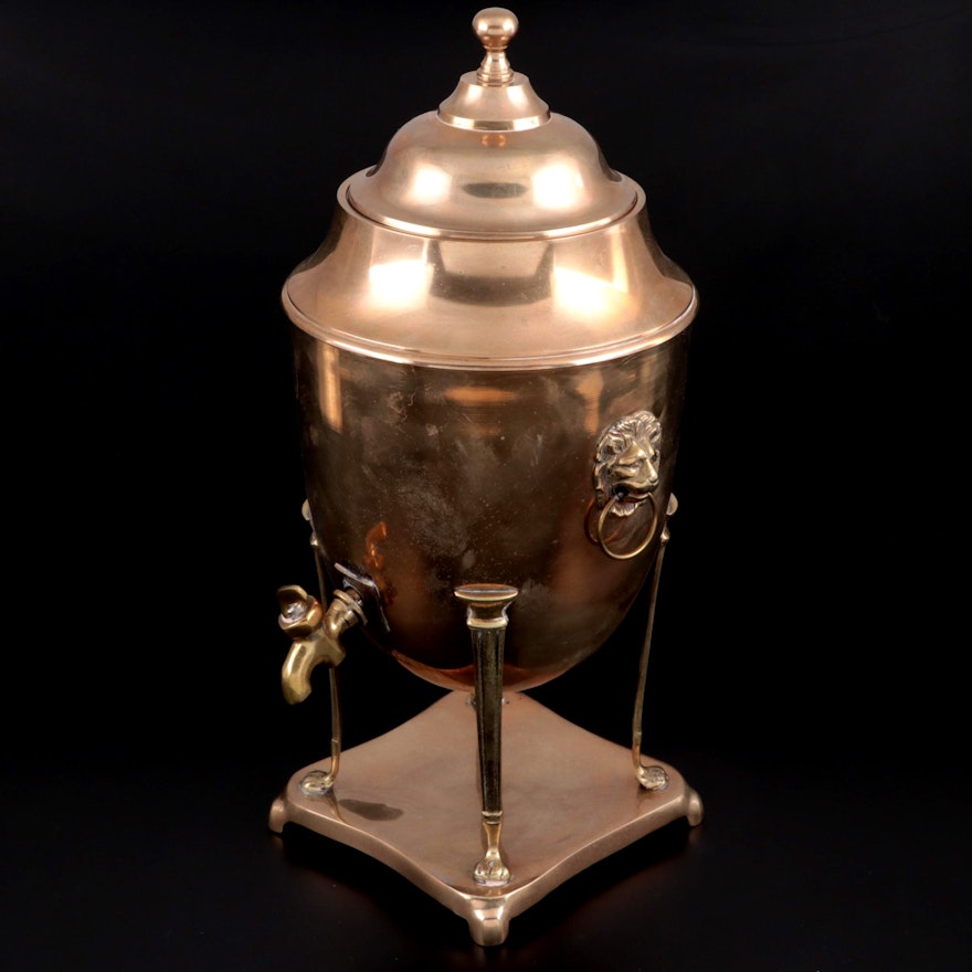 Copper and Brass Urn Shaped Hot Water Dispenser with Lion Handles, Antique