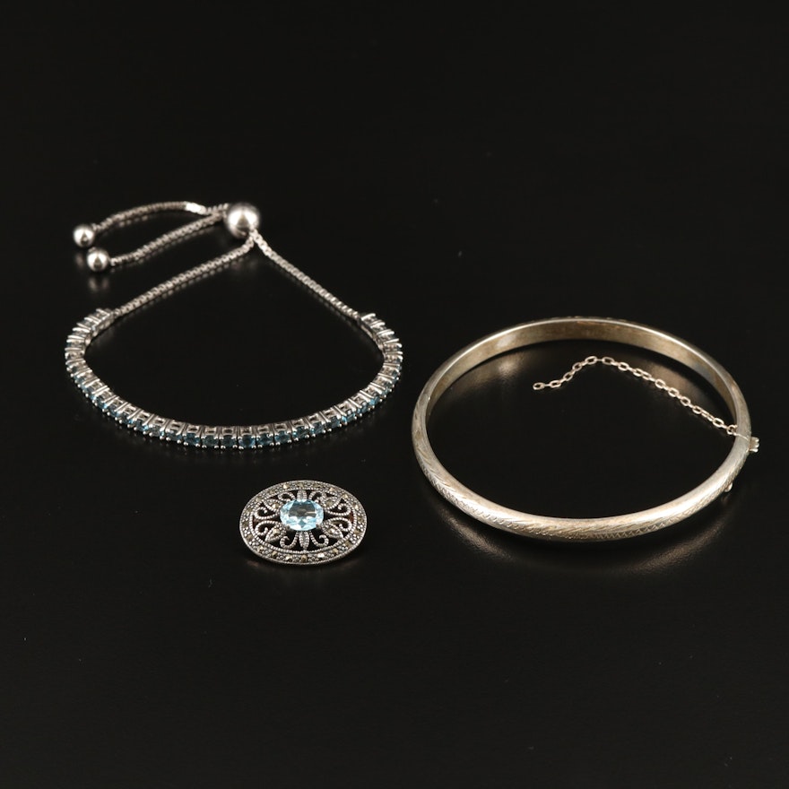 Sterling Grouping with London and Swiss Blue Topaz and Marcasite