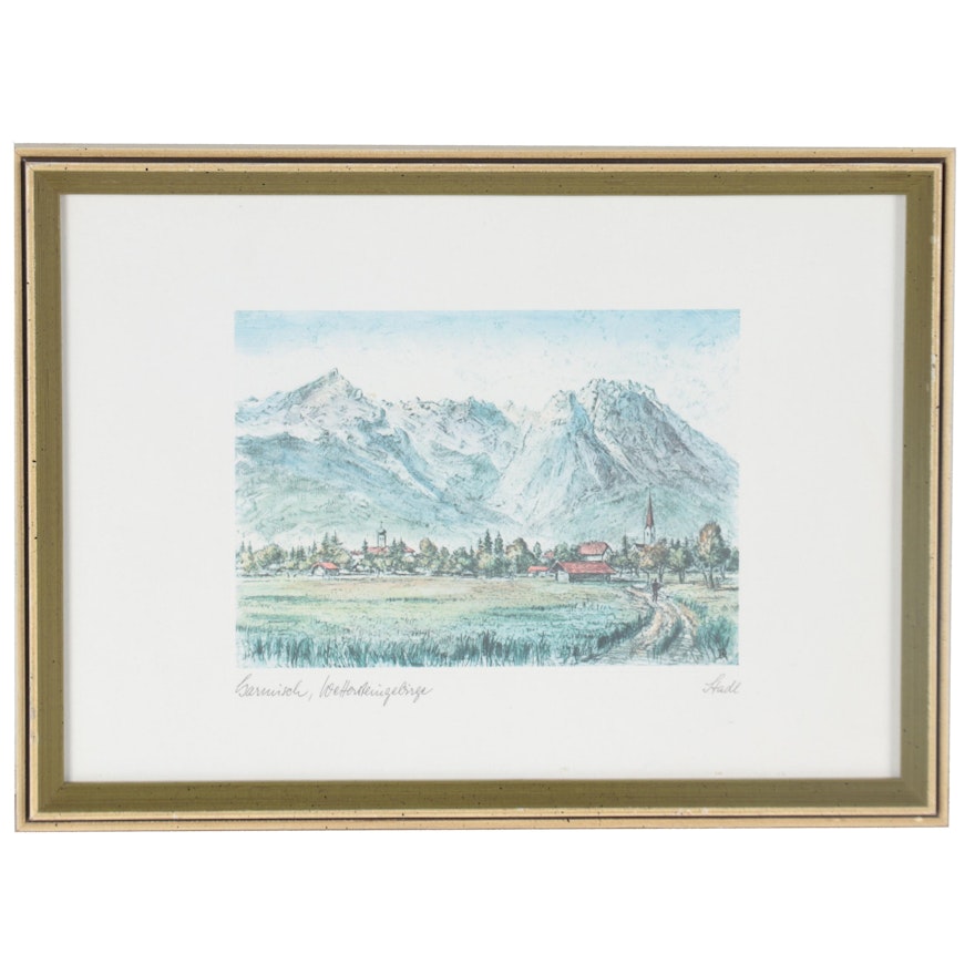 Alpine Landscape Offset Lithograph "Garmisch, Wettersteingebirge, Stadl"