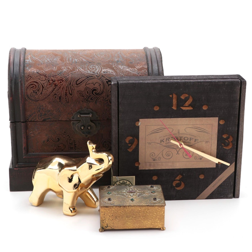 Wooden Chest, Rustic BoxClox, Ceramic Elephant and Embellished Metal Box