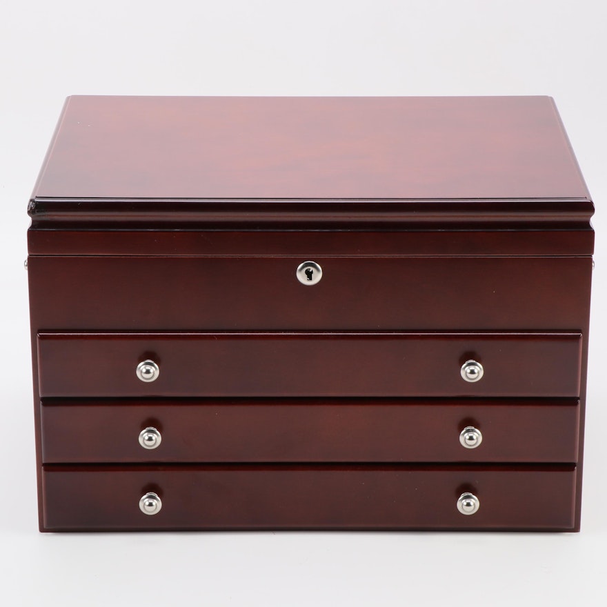 Jere Cherry Stained Wooden Locking Jewelry Chest