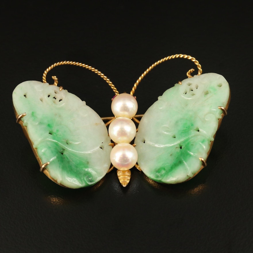 Vintage Chinese 14K Jadeite, Pearl and Ruby Butterfly Brooch