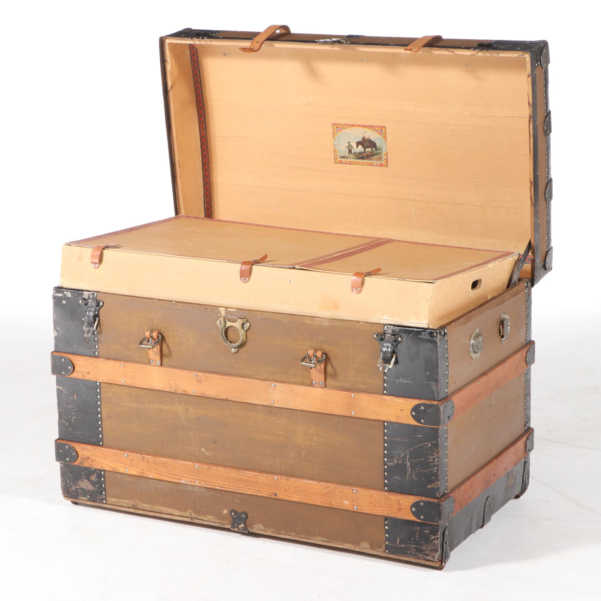 Late Victorian Metal-Bound, Canvas-Lined, and Oak-Slatted Steamer Trunk