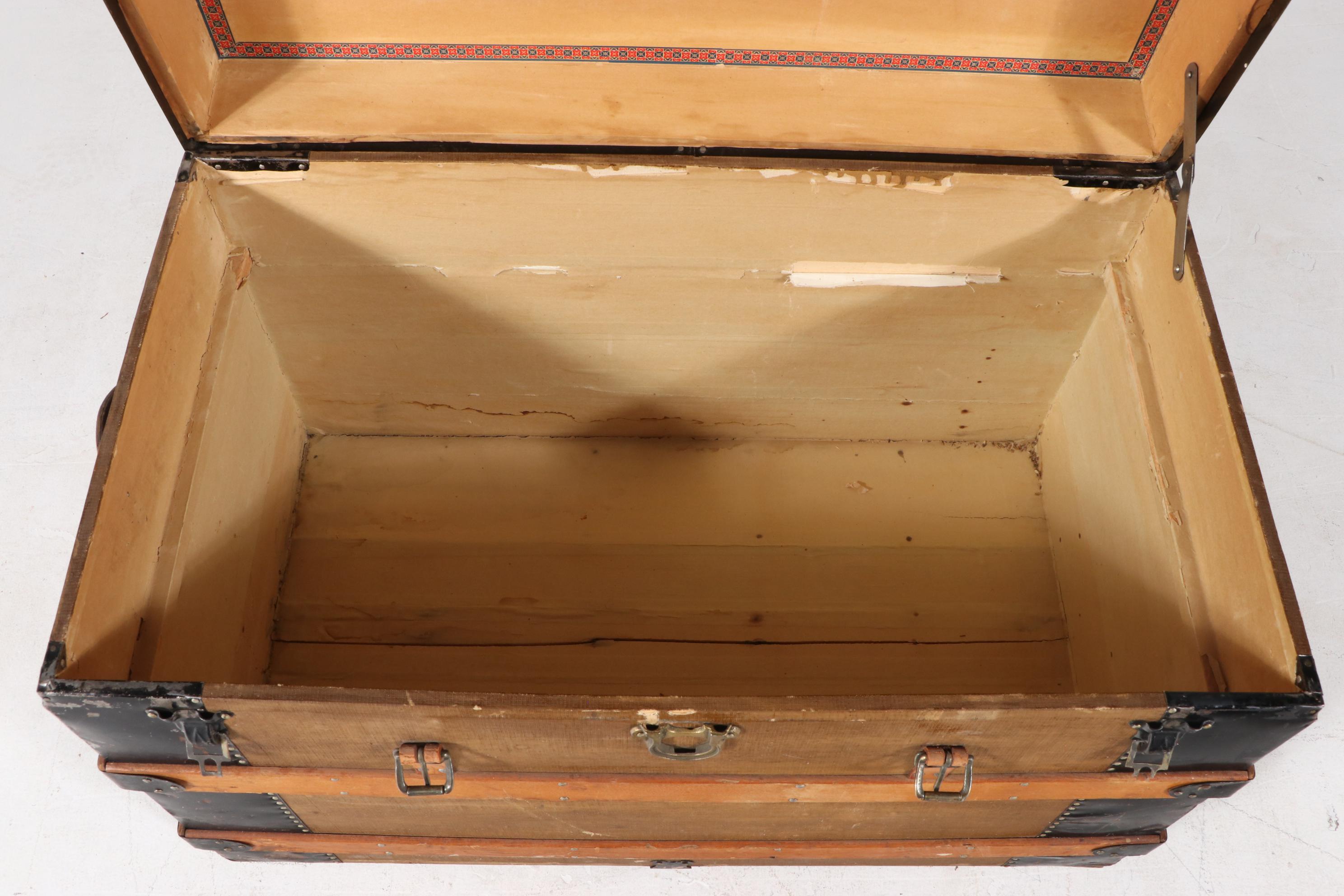 Late Victorian Metal-Bound, Canvas-Lined, and Oak-Slatted Steamer Trunk