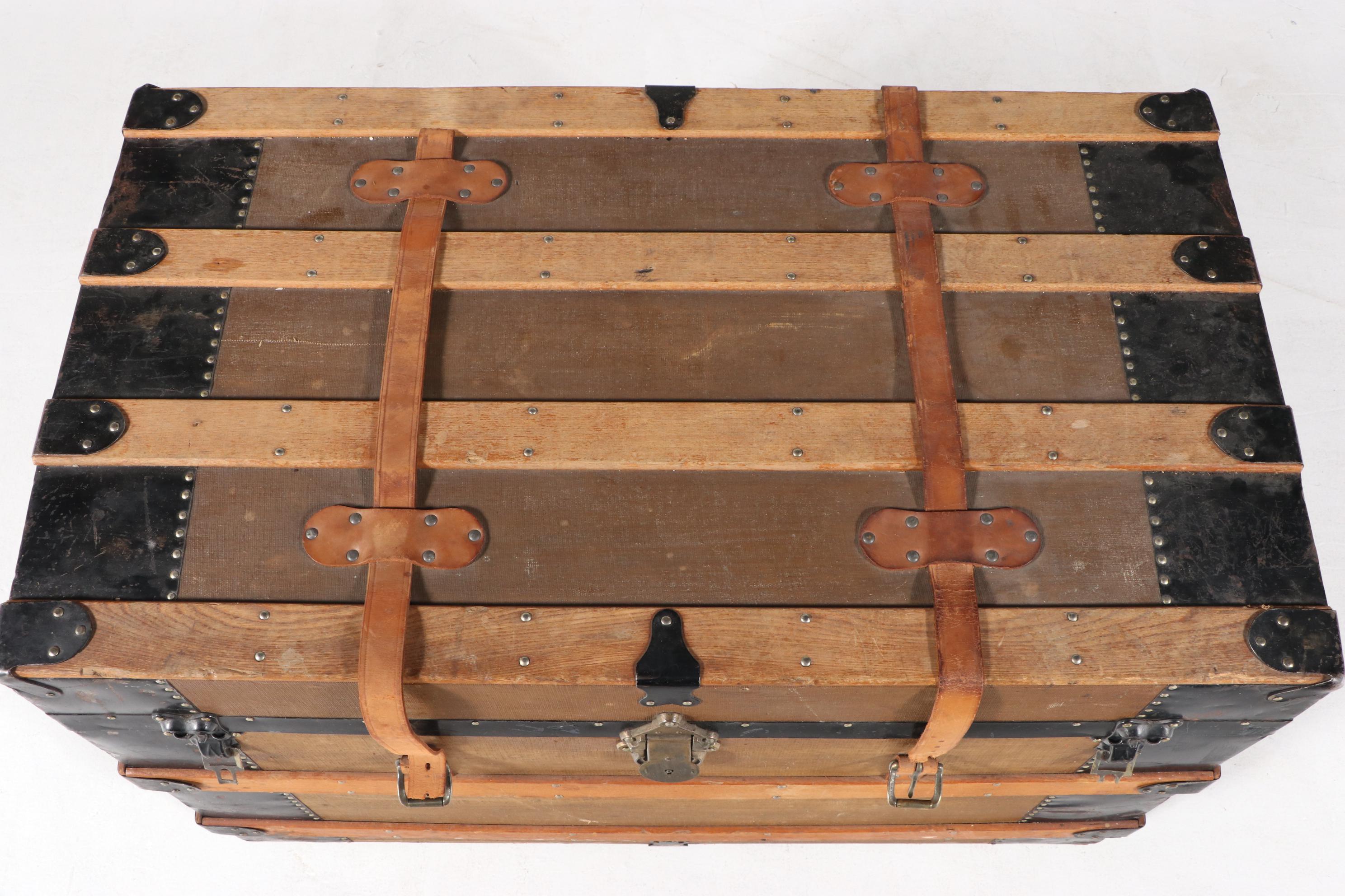 Late Victorian Metal-Bound, Canvas-Lined, and Oak-Slatted Steamer Trunk
