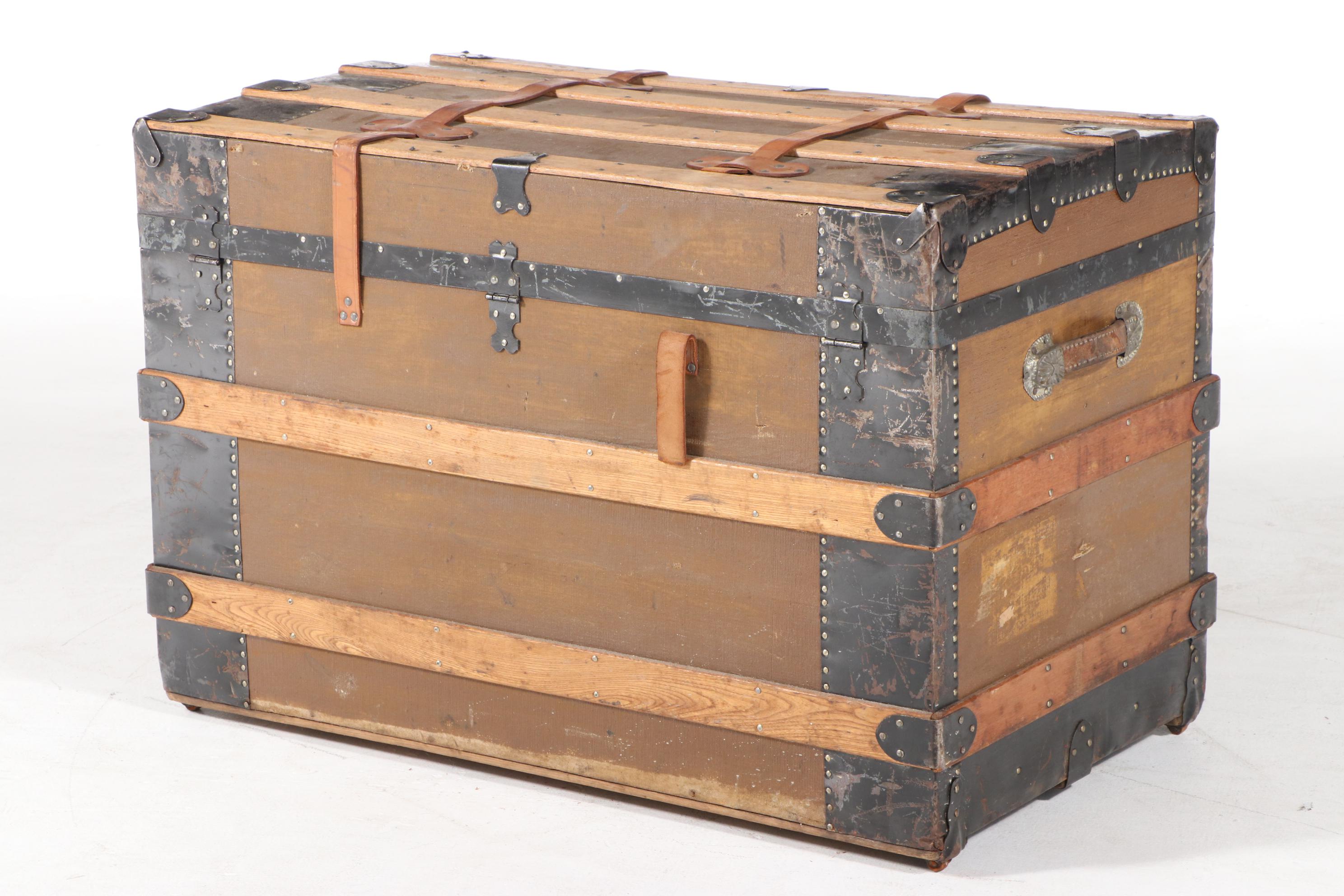 Late Victorian Metal-Bound, Canvas-Lined, and Oak-Slatted Steamer Trunk