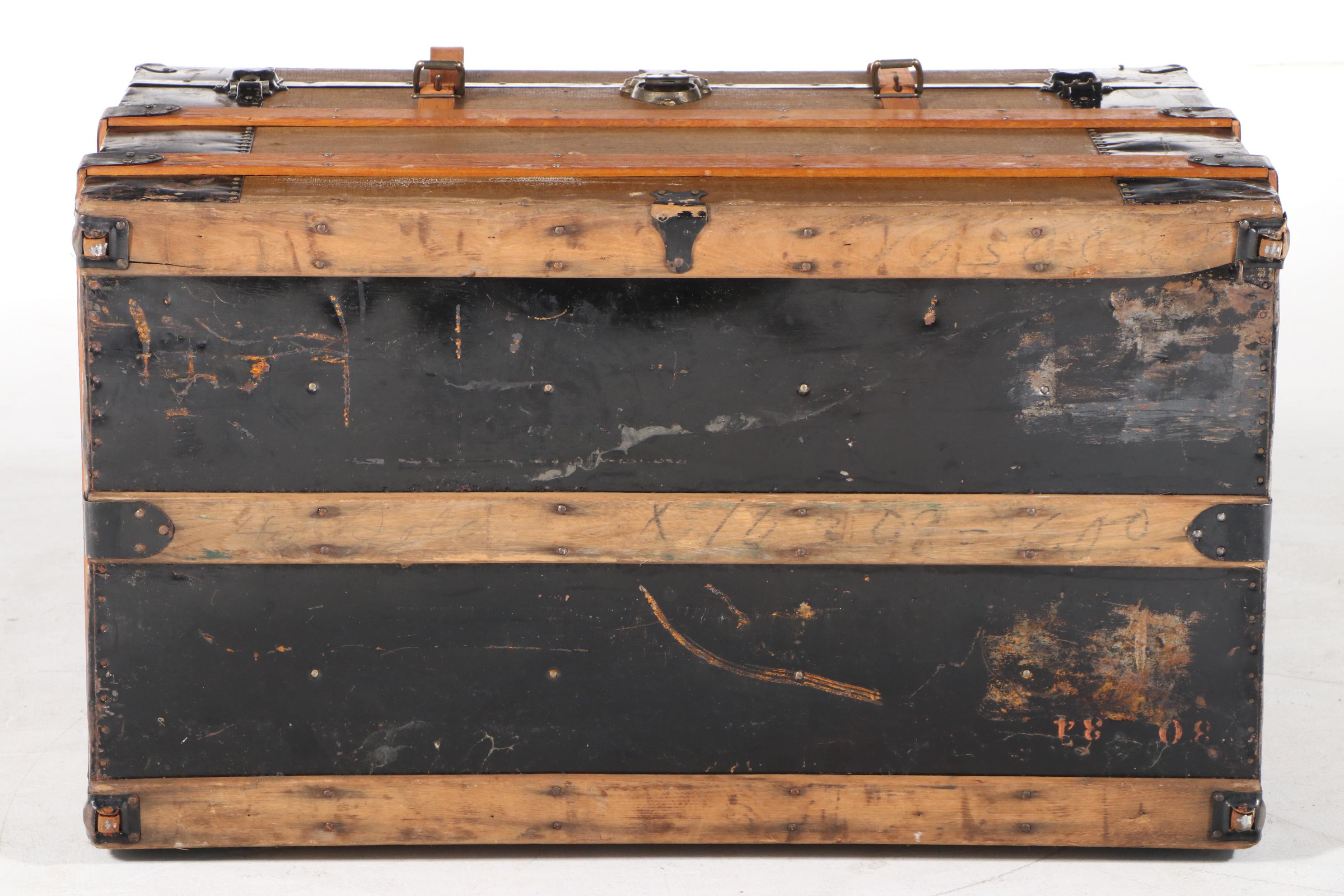 Late Victorian Metal-Bound, Canvas-Lined, and Oak-Slatted Steamer Trunk