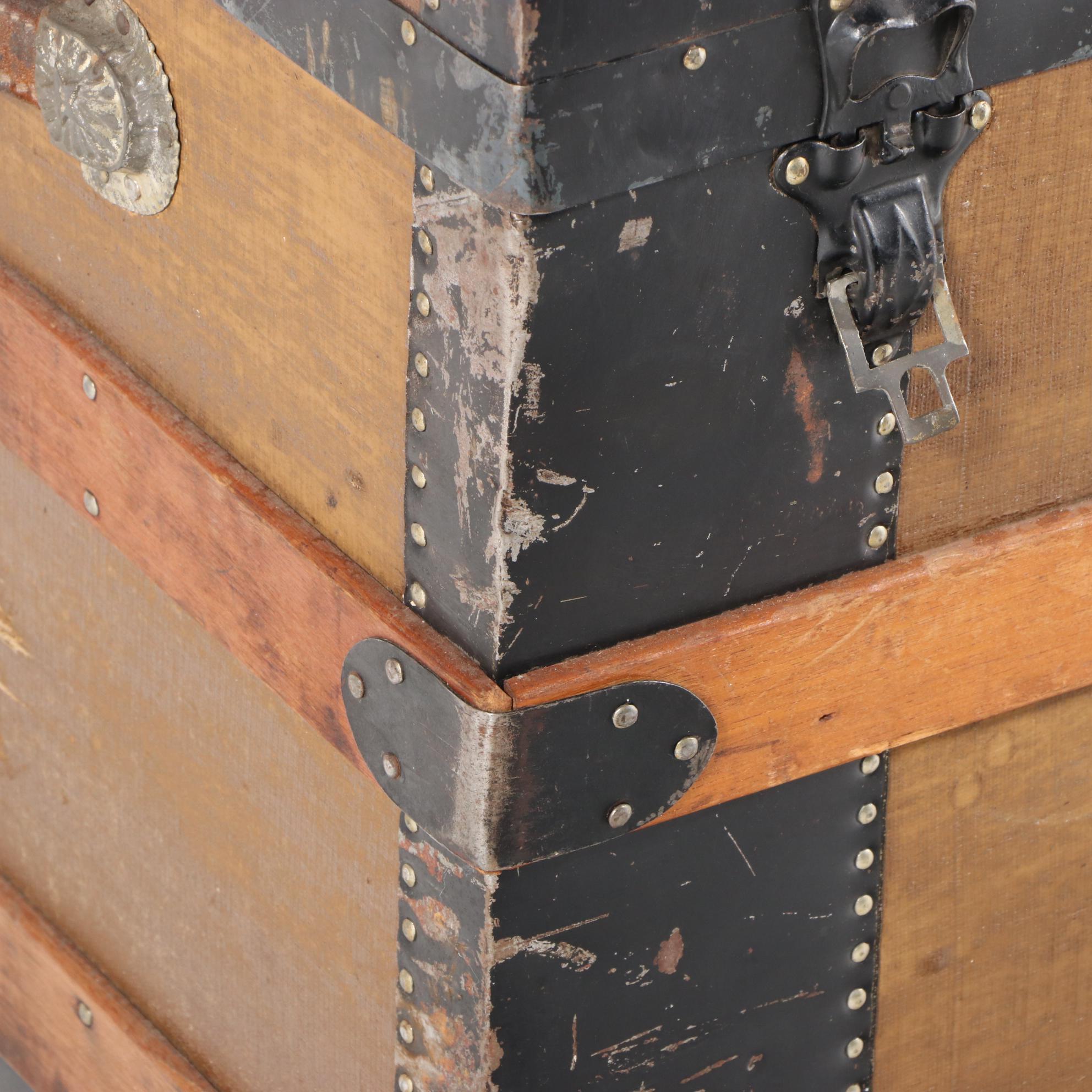 Late Victorian Metal-Bound, Canvas-Lined, and Oak-Slatted Steamer Trunk