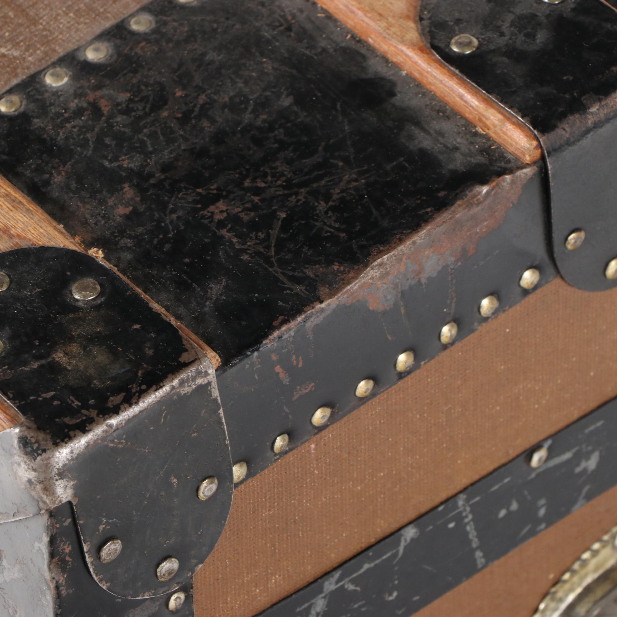 Late Victorian Metal-Bound, Canvas-Lined, and Oak-Slatted Steamer Trunk