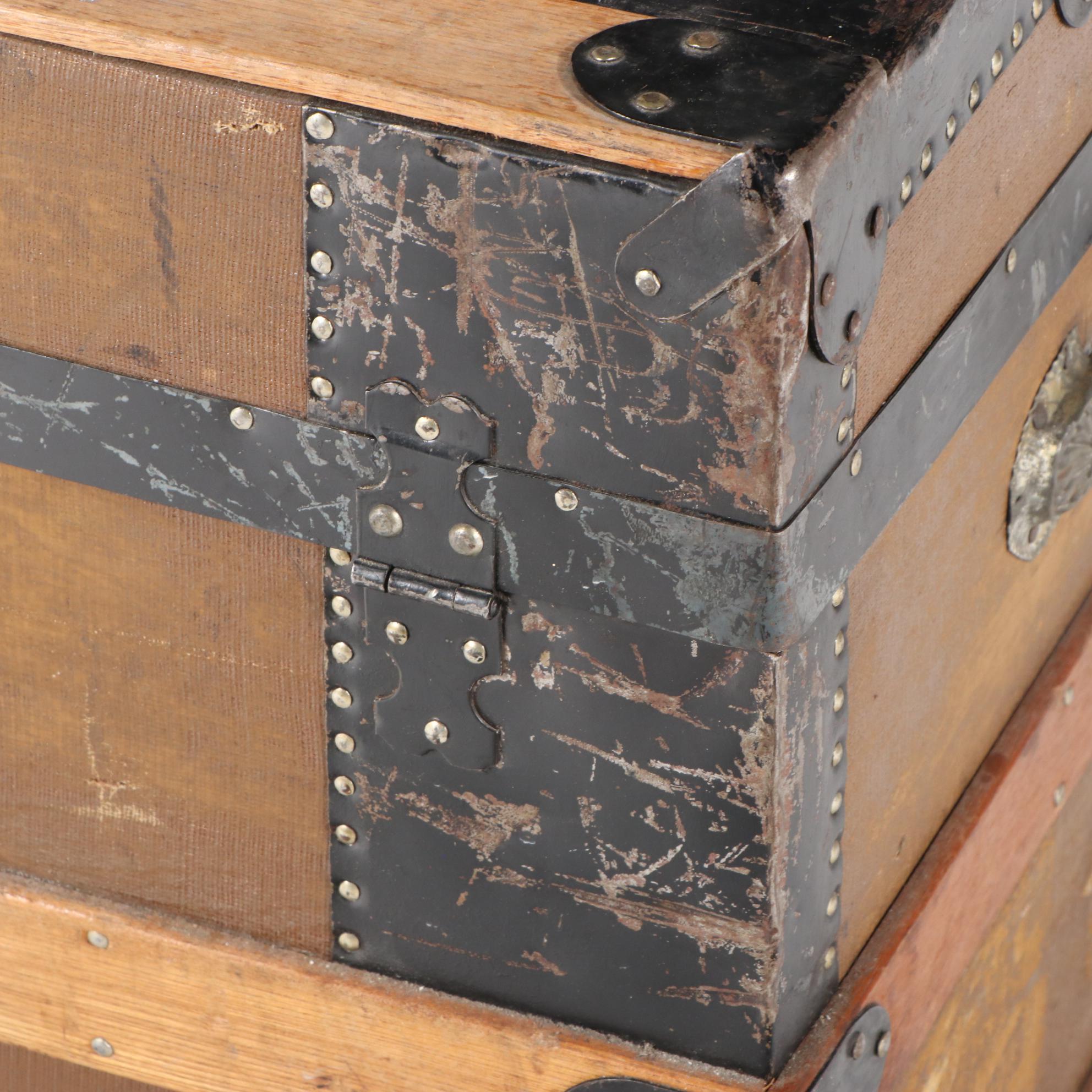 Late Victorian Metal-Bound, Canvas-Lined, and Oak-Slatted Steamer Trunk