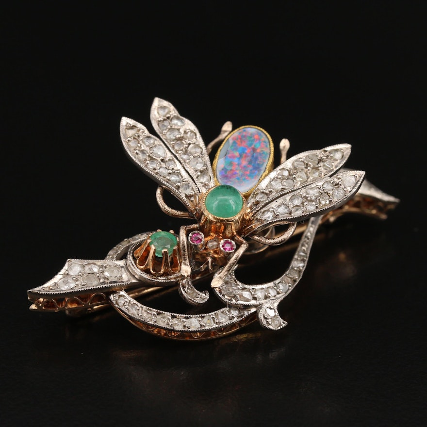 En Tremblant 14K Opal Triplet, Diamond and Gemstone Insect Brooch
