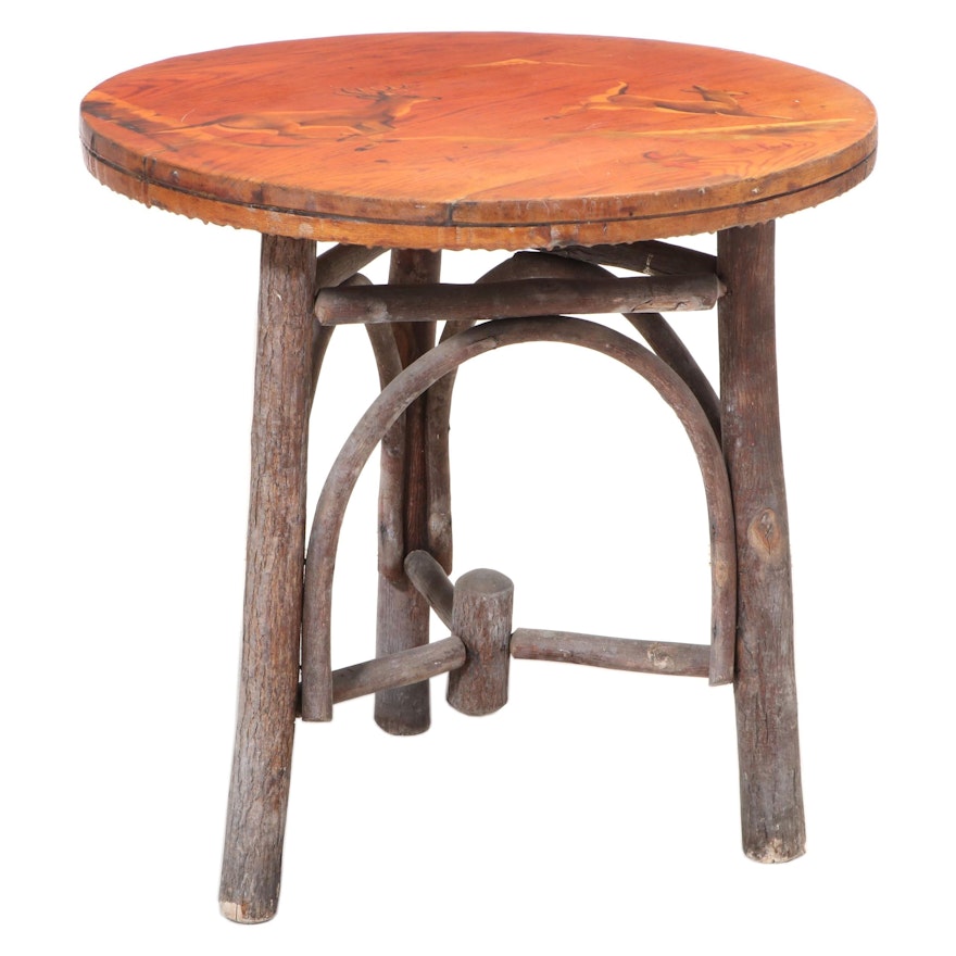 Adirondack Style Twig and Paint-Decorated Oak Side Table, 20th Century