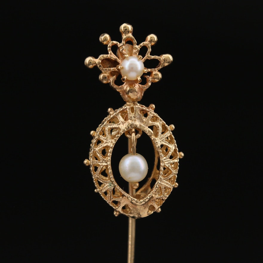 14K Pearl Openwork Stick Pin with Articulated Dangle
