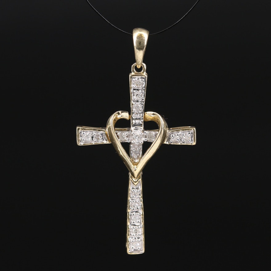 10K Diamond Cross and Heart Pendant