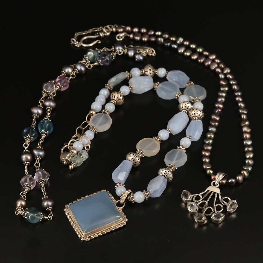 Sterling Fluorite, Pearl and Chalcedony Beaded Necklaces