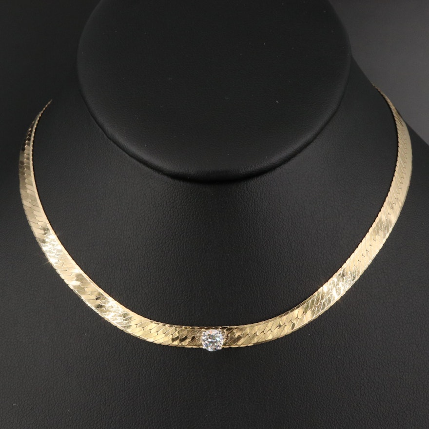 Italian 14K Diamond Herringbone Chain Necklace