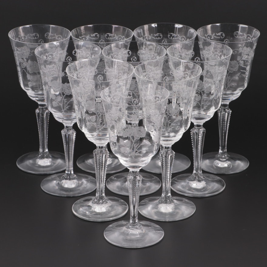 Fostoria "Midnight Rose" Etched Glass Goblets, Mid-20th Century