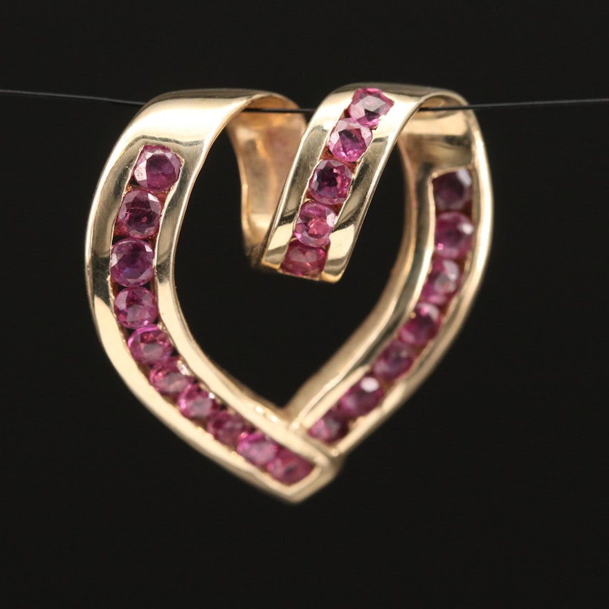 10K Heart Slide Pendant with Channel Set Rubies