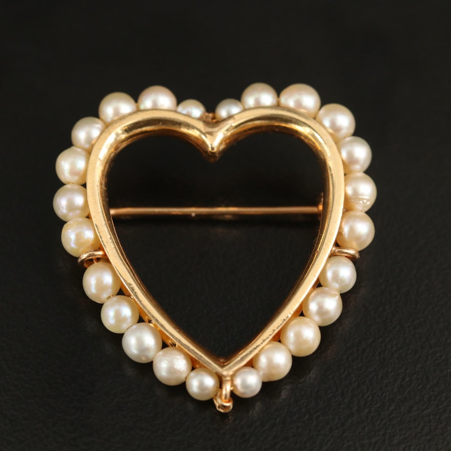 14K Pearl Heart Brooch