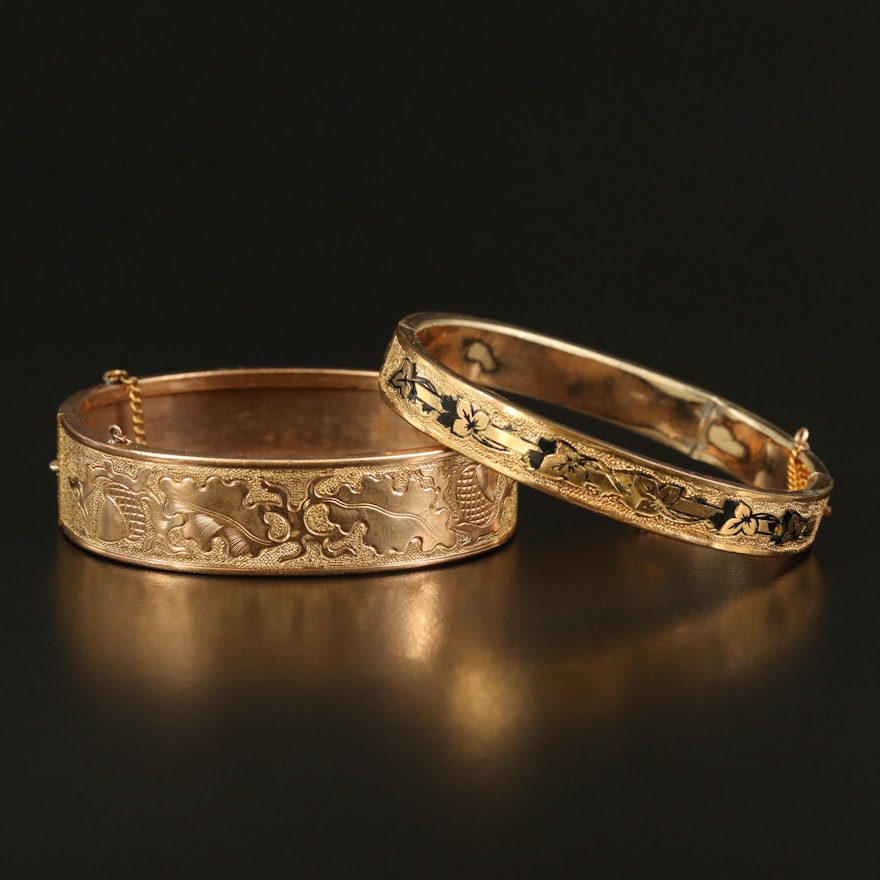 Mid-Victorian Foliate Engraved Bangles with Enamel