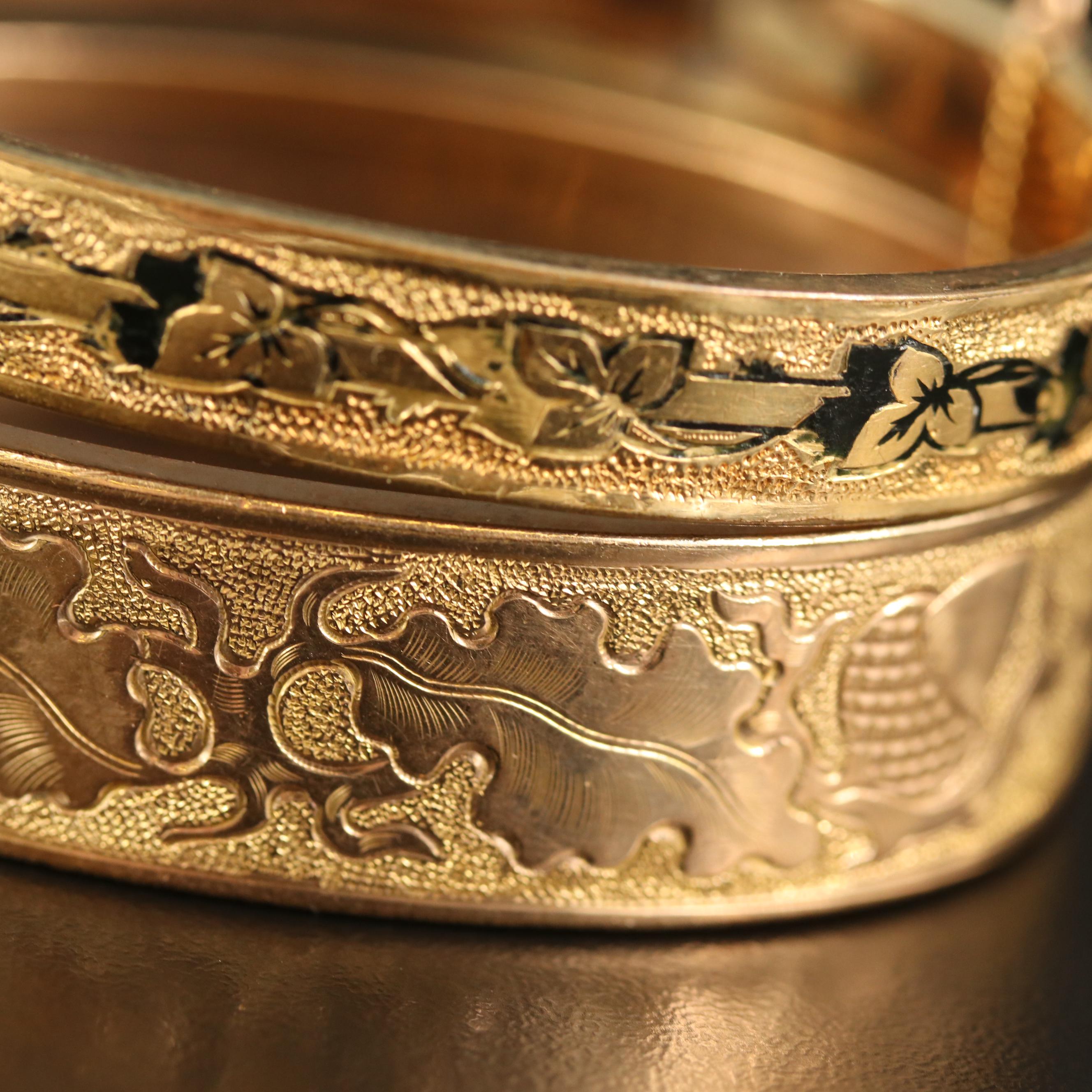 Mid-Victorian Foliate Engraved Bangles with Enamel