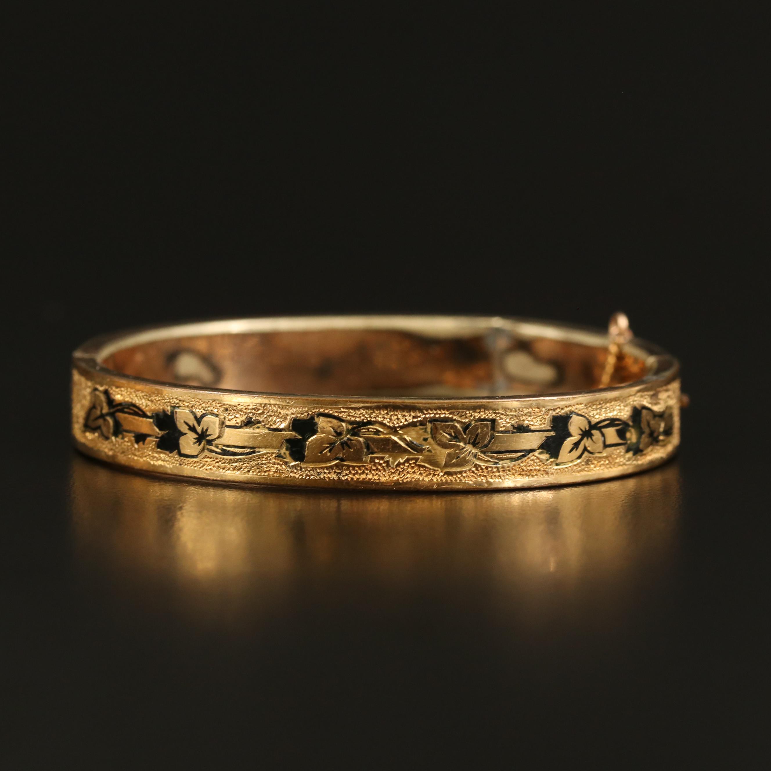 Mid-Victorian Foliate Engraved Bangles with Enamel
