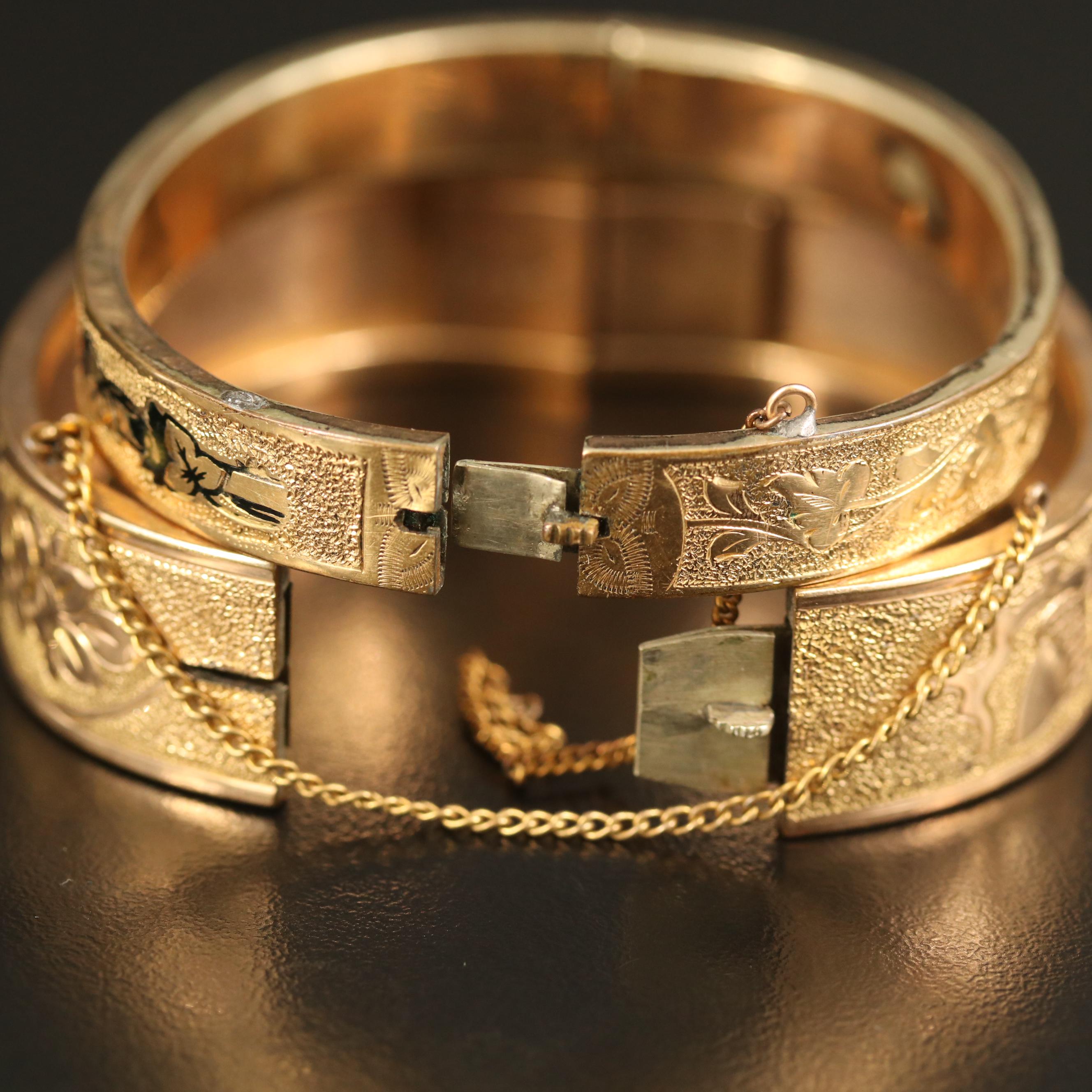 Mid-Victorian Foliate Engraved Bangles with Enamel