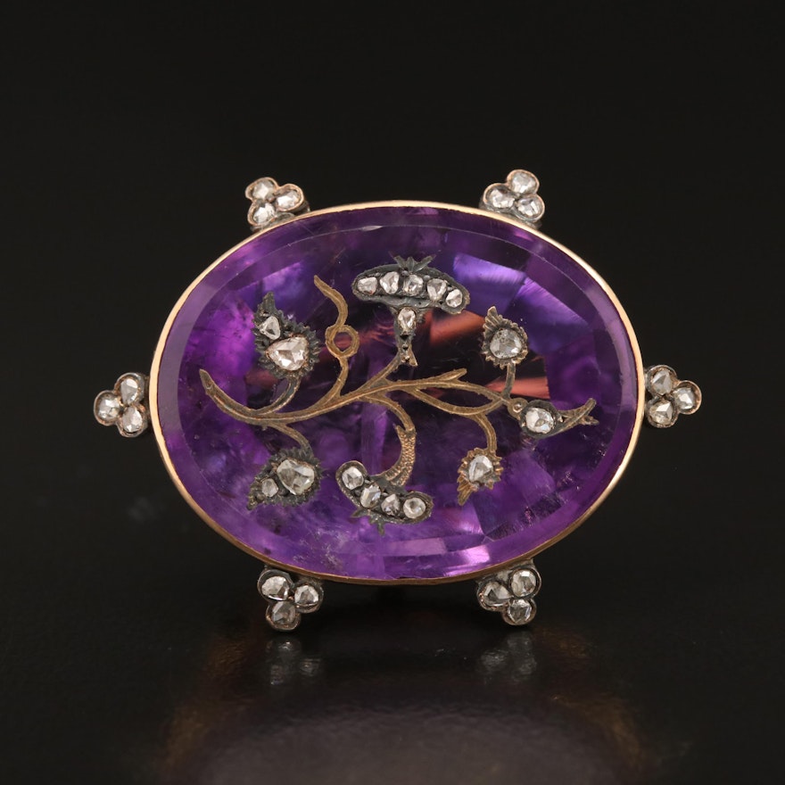 Victorian 18K 24.00 CT Amethyst and Diamond Foliate Brooch with Watch Hook