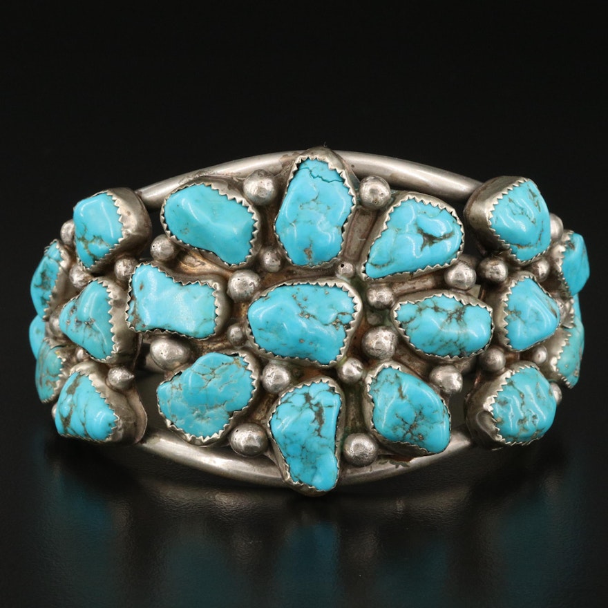 Southwestern Style Sterling Silver Turquoise Cluster Cuff