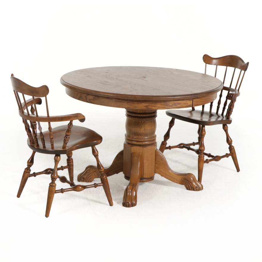 Pair of Nichols & Stone Co. Windsor Chairs with Oak Pedestal Dining Table