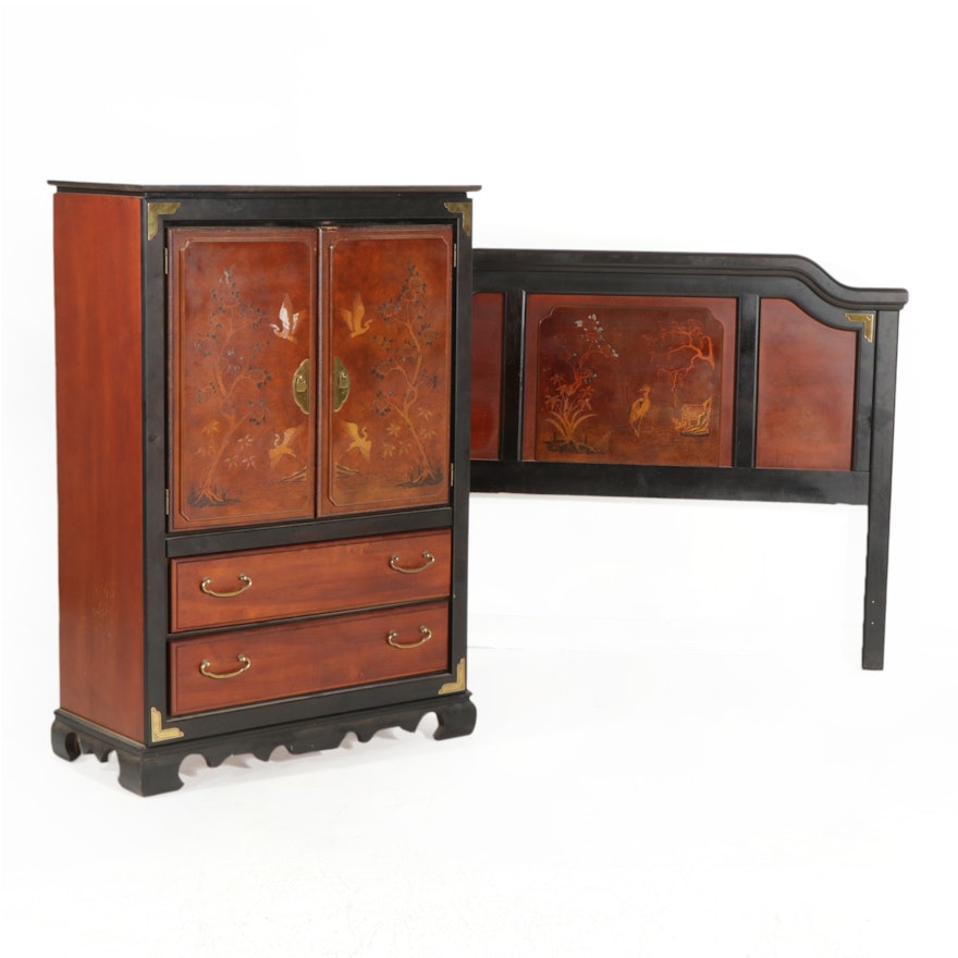 Chinese Style Clothes Press and Queen Size Headboard, Late 20th Century