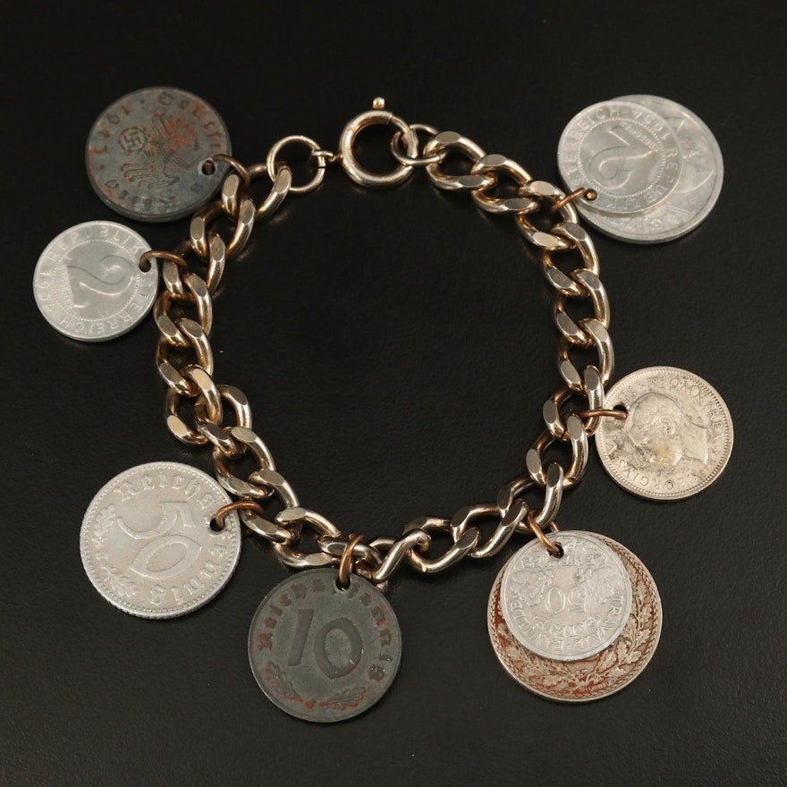 Coin Charm Bracelet with French, German, British and Austrian Coinage